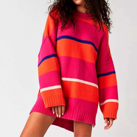 Free People Peaches Striped Oversized Sweater Pink Orange Blue XS Medium - Picture 1 of 6